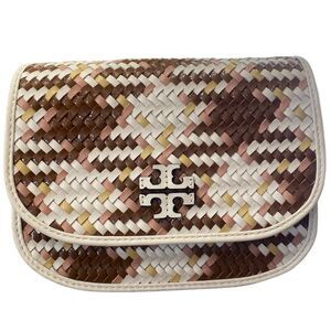 NWT Tory Burch Britten Multi Color Woven Small Crossbody Saddle Bag Cream Brown